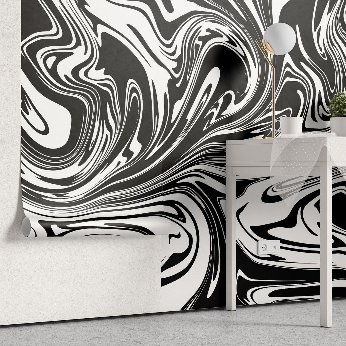 Tapet personalizat marble cu un model de marmura acril neagra cu alb ce creeaza un design dinamic si elegant black swirl