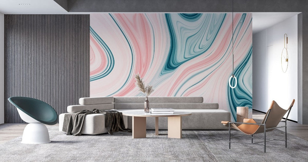 Tapet personalizat marble cu o piatra in nuante de roz pudrat si albastru deschis cu modele rotunde ce aduc un aspect vesel bubblegum