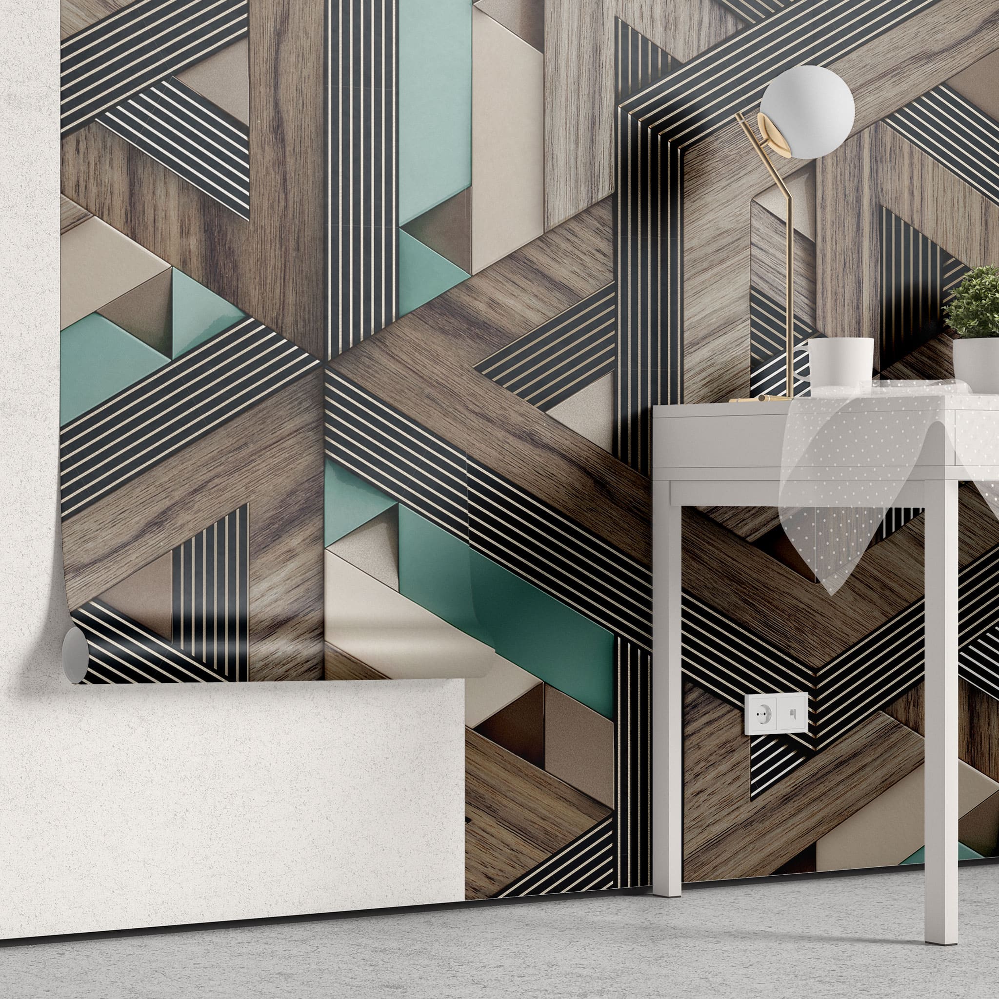 Tapet personalizat wood cu model geometric in 3d si textura de lemn 3d wood 