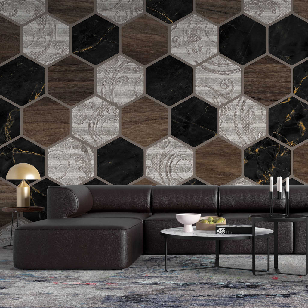 Tapet personalizat wood cu model geometric in forma de fagure si textura de lemn is marmura alba si neagra wood marble honeycomb