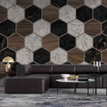 Tapet personalizat wood cu model geometric in forma de fagure si textura de lemn is marmura alba si neagra wood marble honeycomb