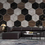 Tapet personalizat wood cu model geometric in forma de fagure si textura de lemn is marmura alba si neagra wood marble honeycomb