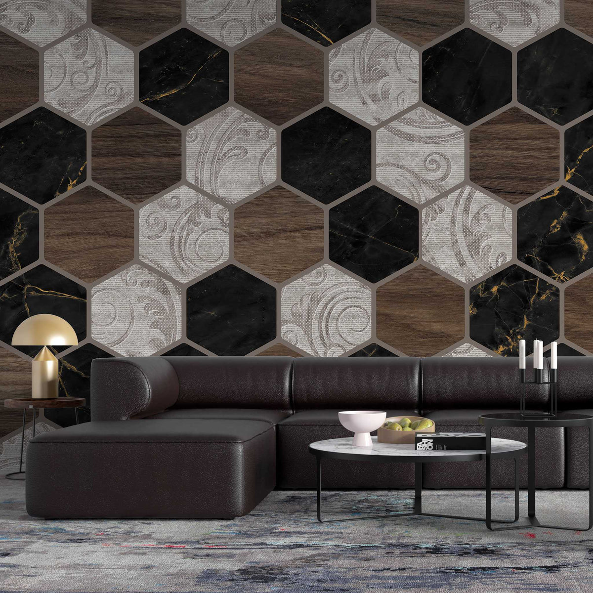 Tapet personalizat wood cu model geometric in forma de fagure si textura de lemn is marmura alba si neagra wood marble honeycomb