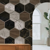 Tapet personalizat wood cu model geometric in forma de fagure si textura de lemn is marmura alba si neagra wood marble honeycomb