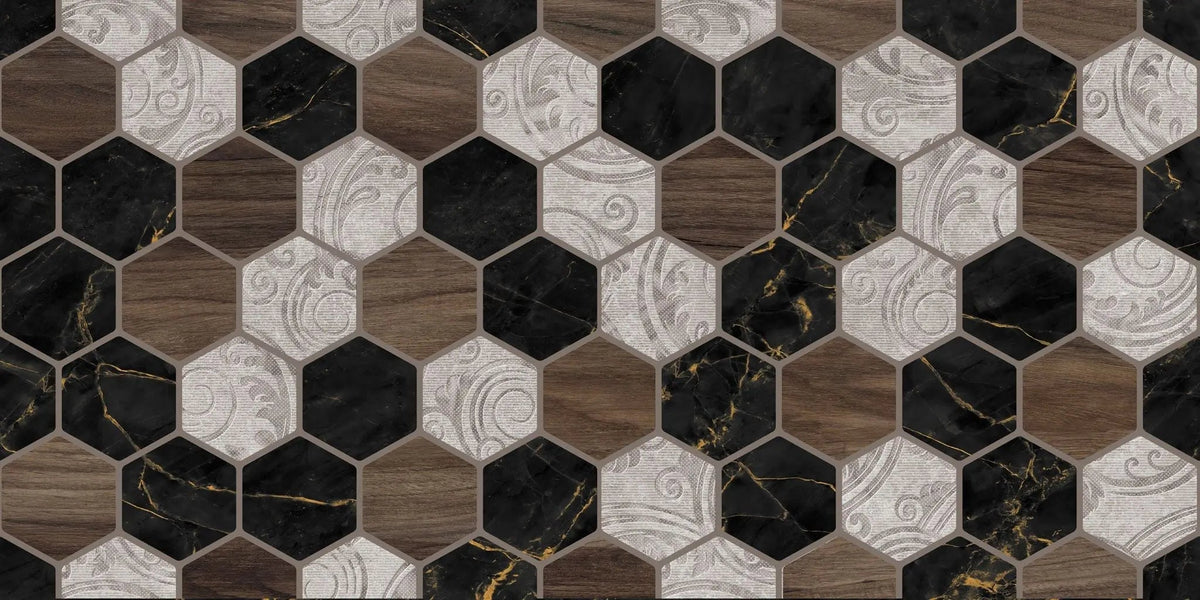 Tapet personalizat wood cu model geometric in forma de fagure si textura de lemn is marmura alba si neagra wood marble honeycomb