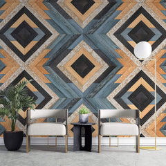 Tapet Personalizat Wood cu textura de lemn dispusa in placi si forme geometrice tribale - NATIVE WOOD DESIGN