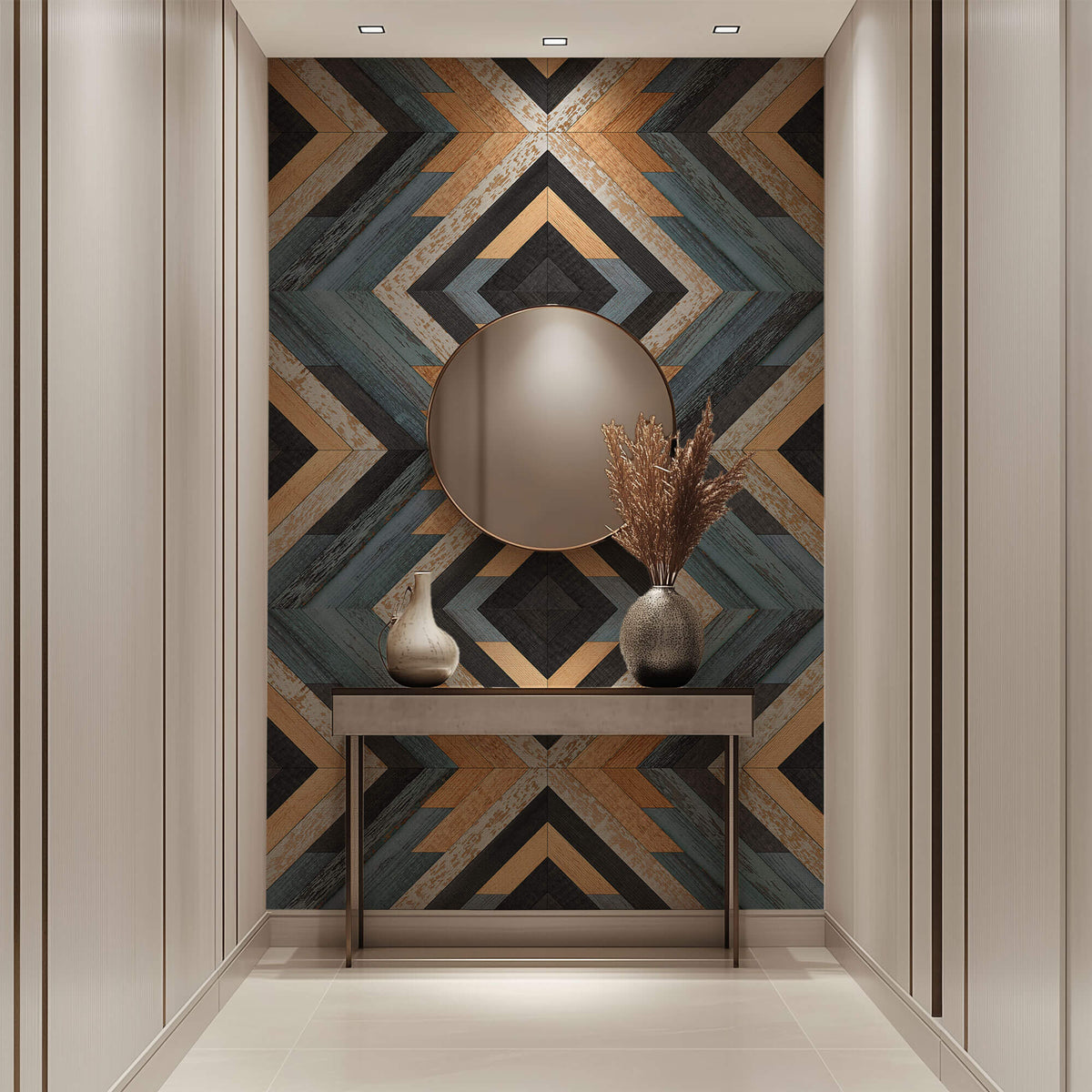 Tapet Personalizat Wood cu textura de lemn dispusa in placi si forme geometrice tribale - NATIVE WOOD DESIGN