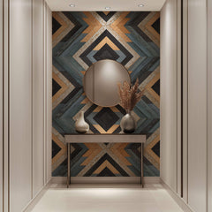 Tapet Personalizat Wood cu textura de lemn dispusa in placi si forme geometrice tribale - NATIVE WOOD DESIGN