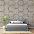 Tapet Personalizat Wood cu combinatie de lemn si ciment dispusa hexagonal - CONCRETE HONEYCOMB
