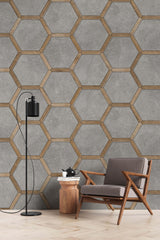 Tapet Personalizat Wood cu combinatie de lemn si ciment dispusa hexagonal - CONCRETE HONEYCOMB