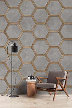 Tapet Personalizat Wood cu combinatie de lemn si ciment dispusa hexagonal - CONCRETE HONEYCOMB