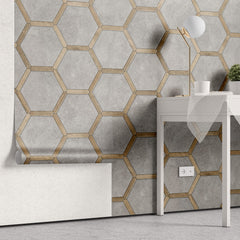 Tapet Personalizat Wood cu combinatie de lemn si ciment dispusa hexagonal - CONCRETE HONEYCOMB