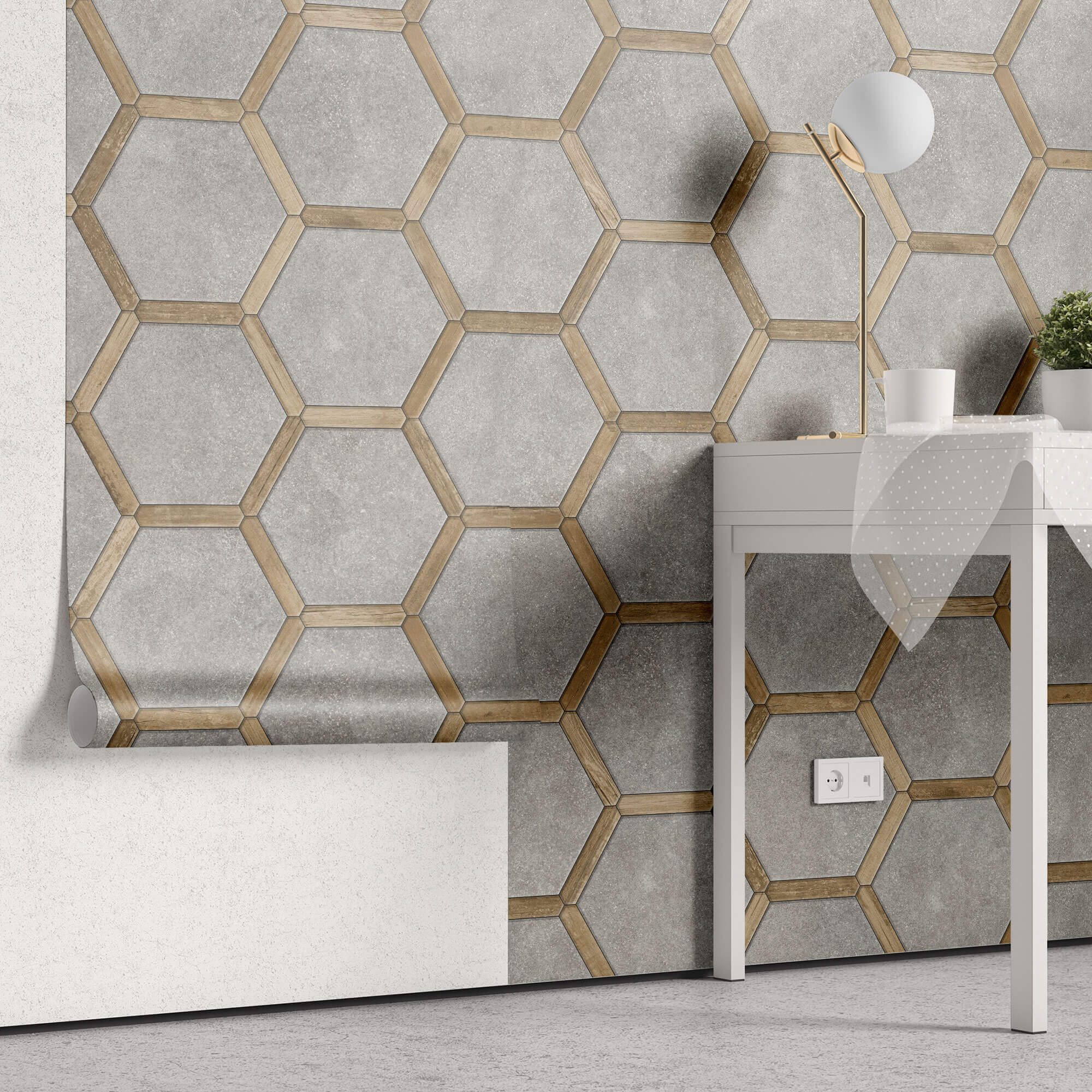 Tapet Personalizat Wood cu combinatie de lemn si ciment dispusa hexagonal - CONCRETE HONEYCOMB