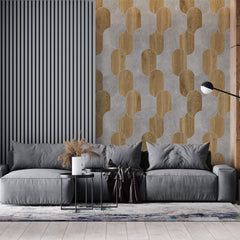 Tapet Personalizat Wood cu combinatie de textura de lemn si ciment dispusa in forme ovale - CONCRETE ART DECO