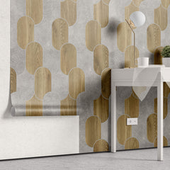Tapet Personalizat Wood cu combinatie de textura de lemn si ciment dispusa in forme ovale - CONCRETE ART DECO