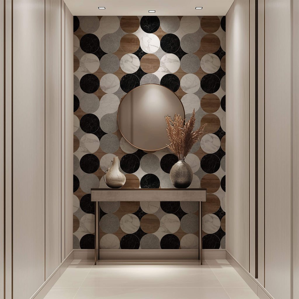 Tapet Personalizat Wood cu texturi combinate de piatra marmura si lemn dispusa in cercuri - WOOD MARBLE