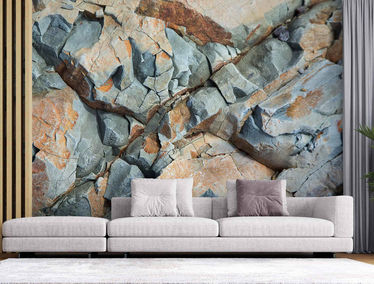 Tapet Personalizat Stone cu piatra naturala in nuante naturale de crem si gri - TRAVERTINE BLUES