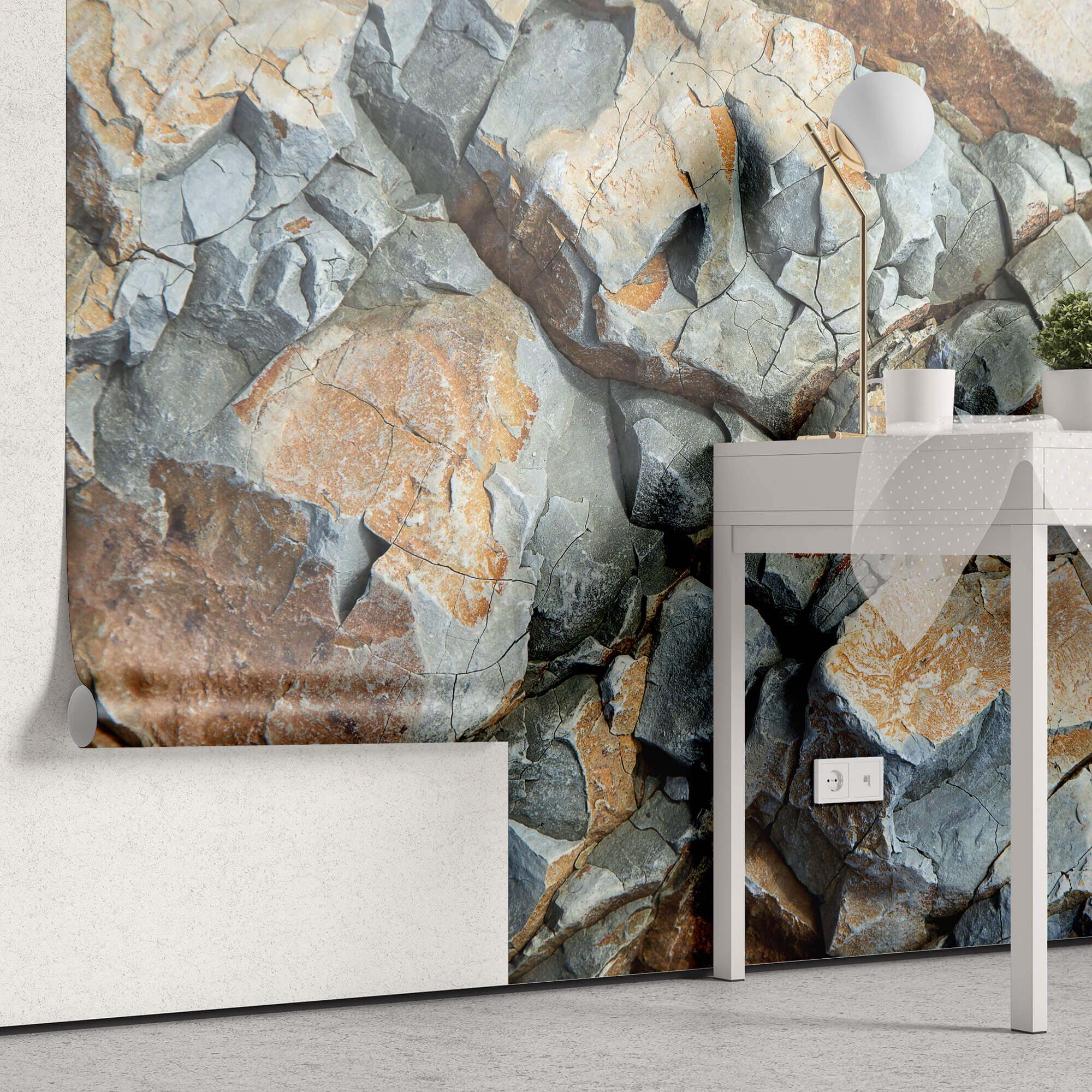 Tapet Personalizat Stone cu piatra naturala in nuante naturale de crem si gri - TRAVERTINE BLUES