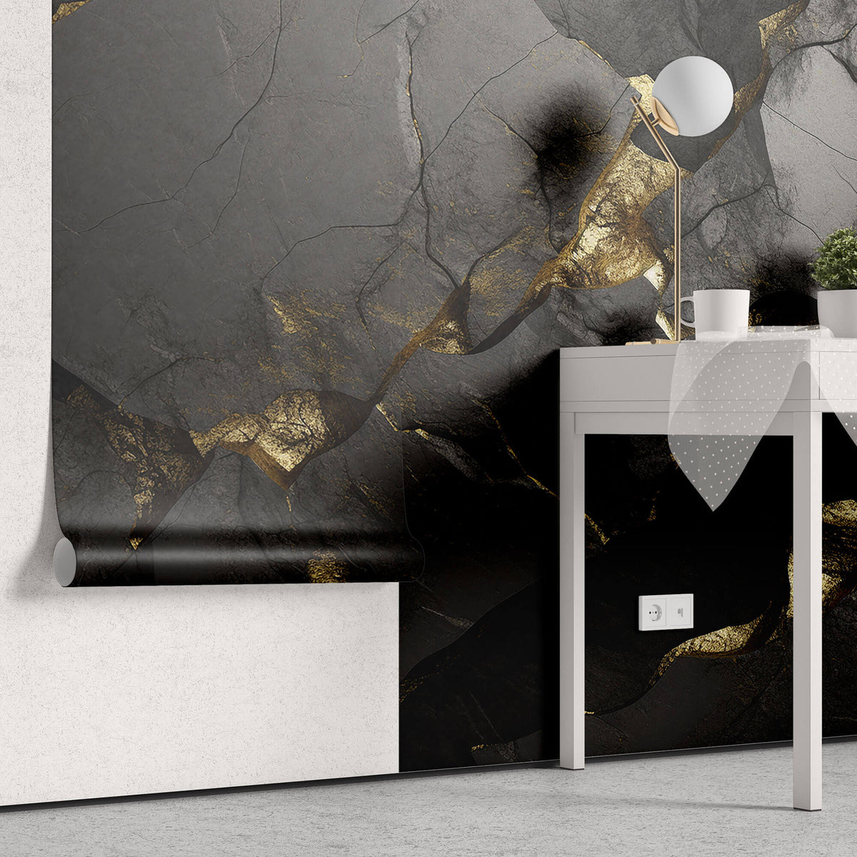 Tapet Personalizat Stone cu stanca de piatra neagra in 3d si accente aurii - 3D GOLDEN BLACK
