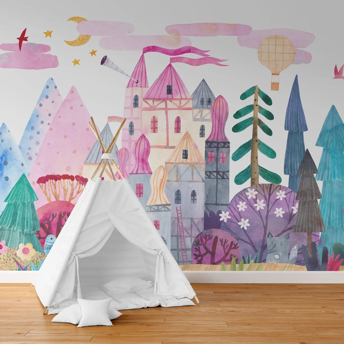 Tapet personalizat taramul printeselor pentru copii cu castel multicolor magic world