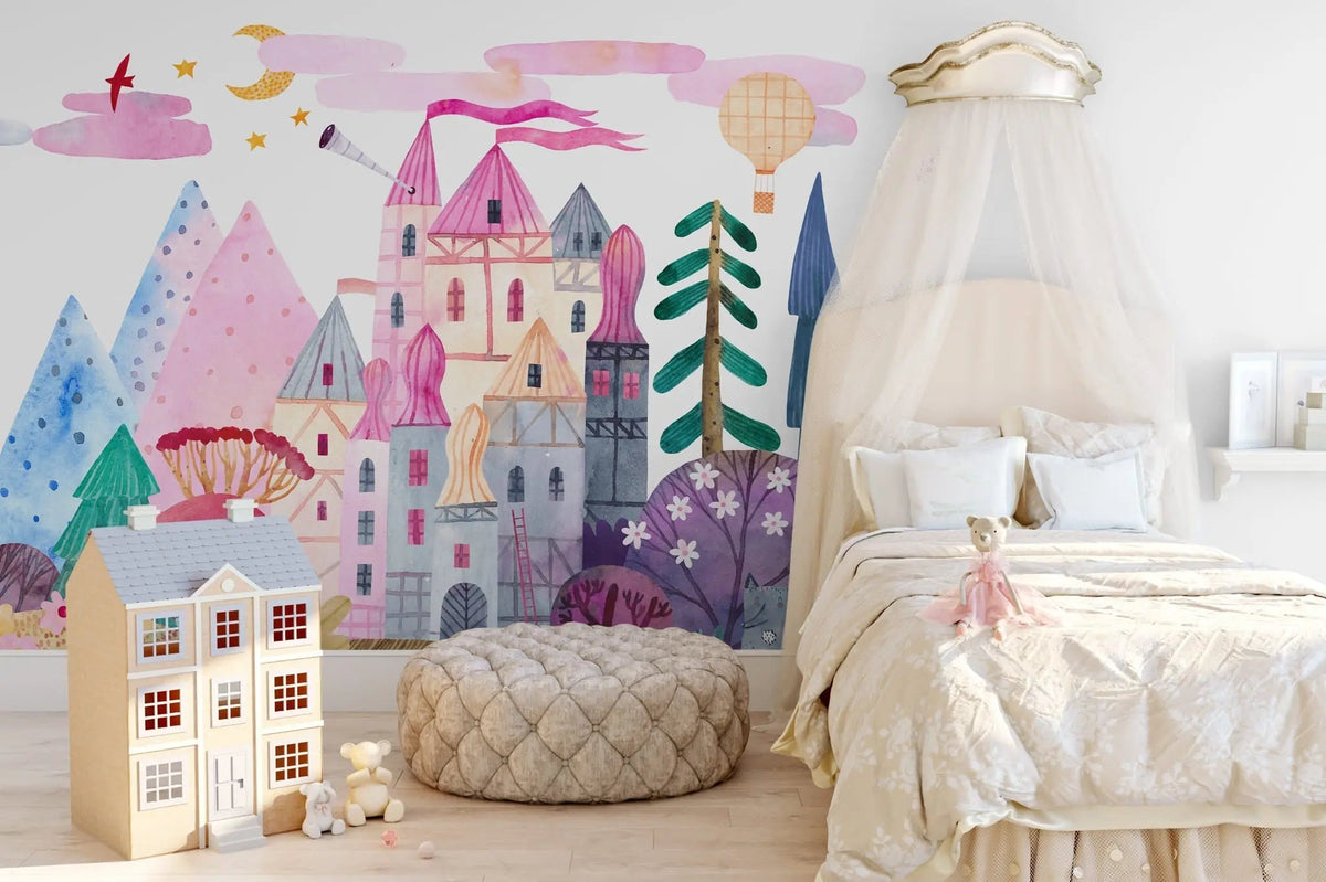 Tapet personalizat taramul printeselor pentru copii cu castel multicolor magic world
