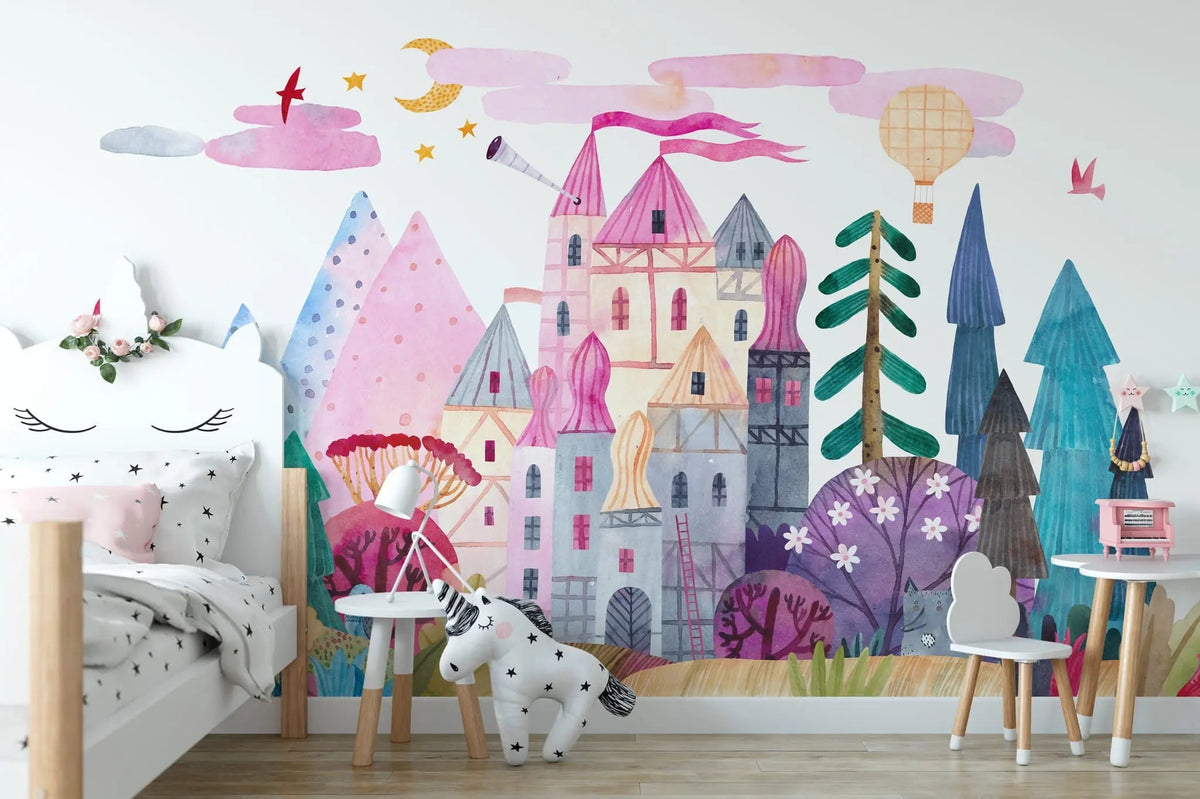 Tapet personalizat taramul printeselor pentru copii cu castel multicolor magic world