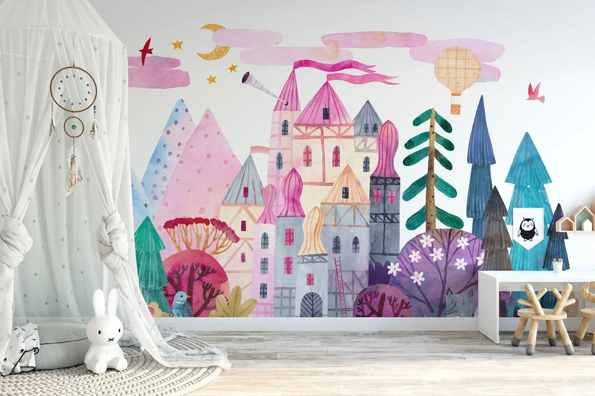 Tapet personalizat taramul printeselor pentru copii cu castel multicolor magic world