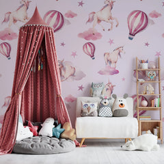 Tapet personalizat taramul printeselor pentru copii cu unicorni si baloane cu aer cald roz pink unicorn