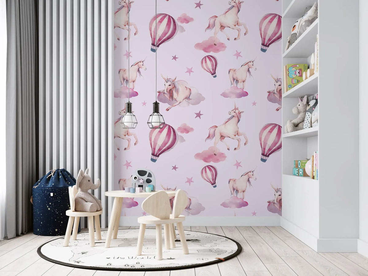 Tapet personalizat taramul printeselor pentru copii cu unicorni si baloane cu aer cald roz pink unicorn