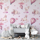 Tapet personalizat taramul printeselor pentru copii cu unicorni si baloane cu aer cald roz pink unicorn