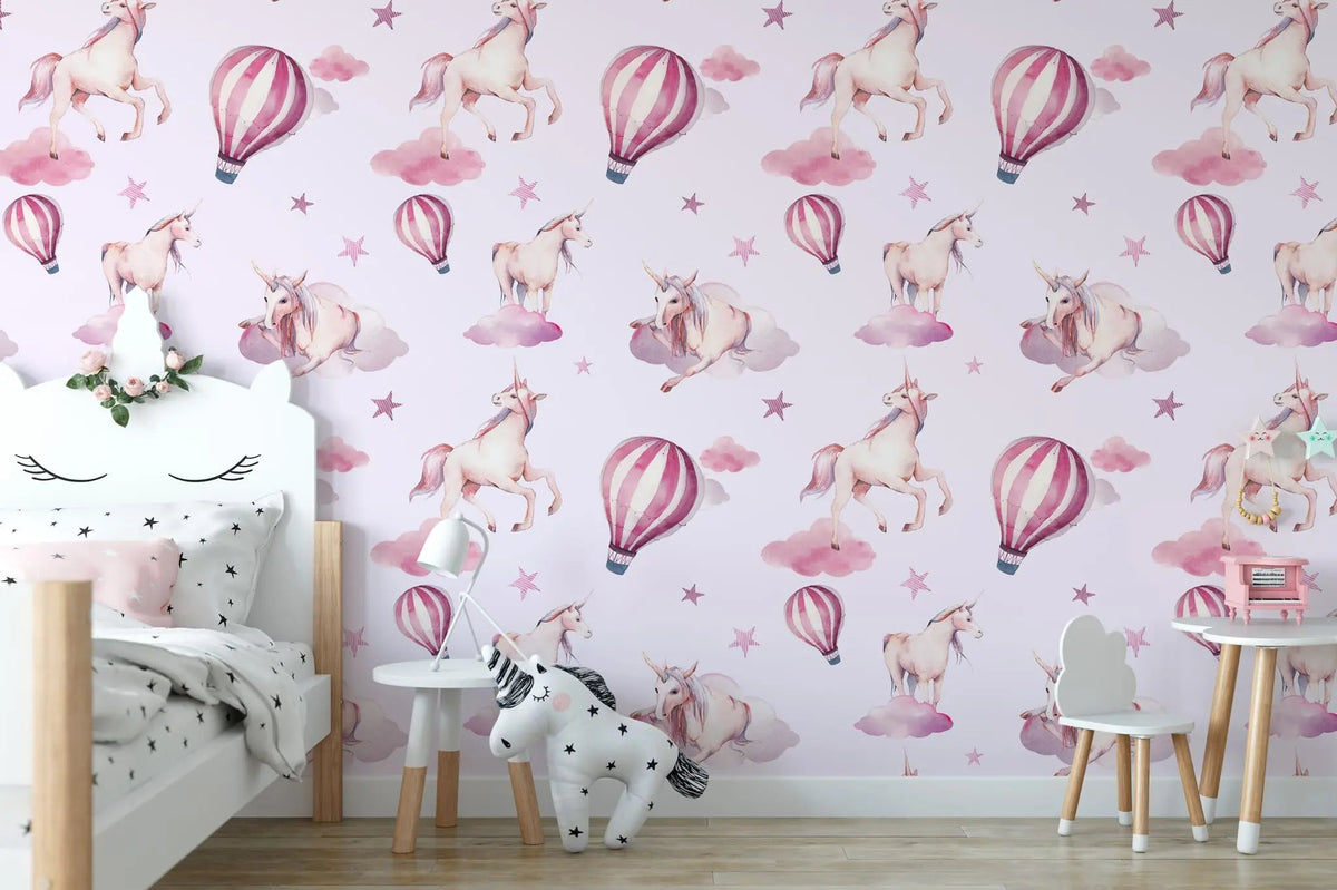 Tapet personalizat taramul printeselor pentru copii cu unicorni si baloane cu aer cald roz pink unicorn