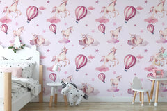 Tapet personalizat taramul printeselor pentru copii cu unicorni si baloane cu aer cald roz pink unicorn