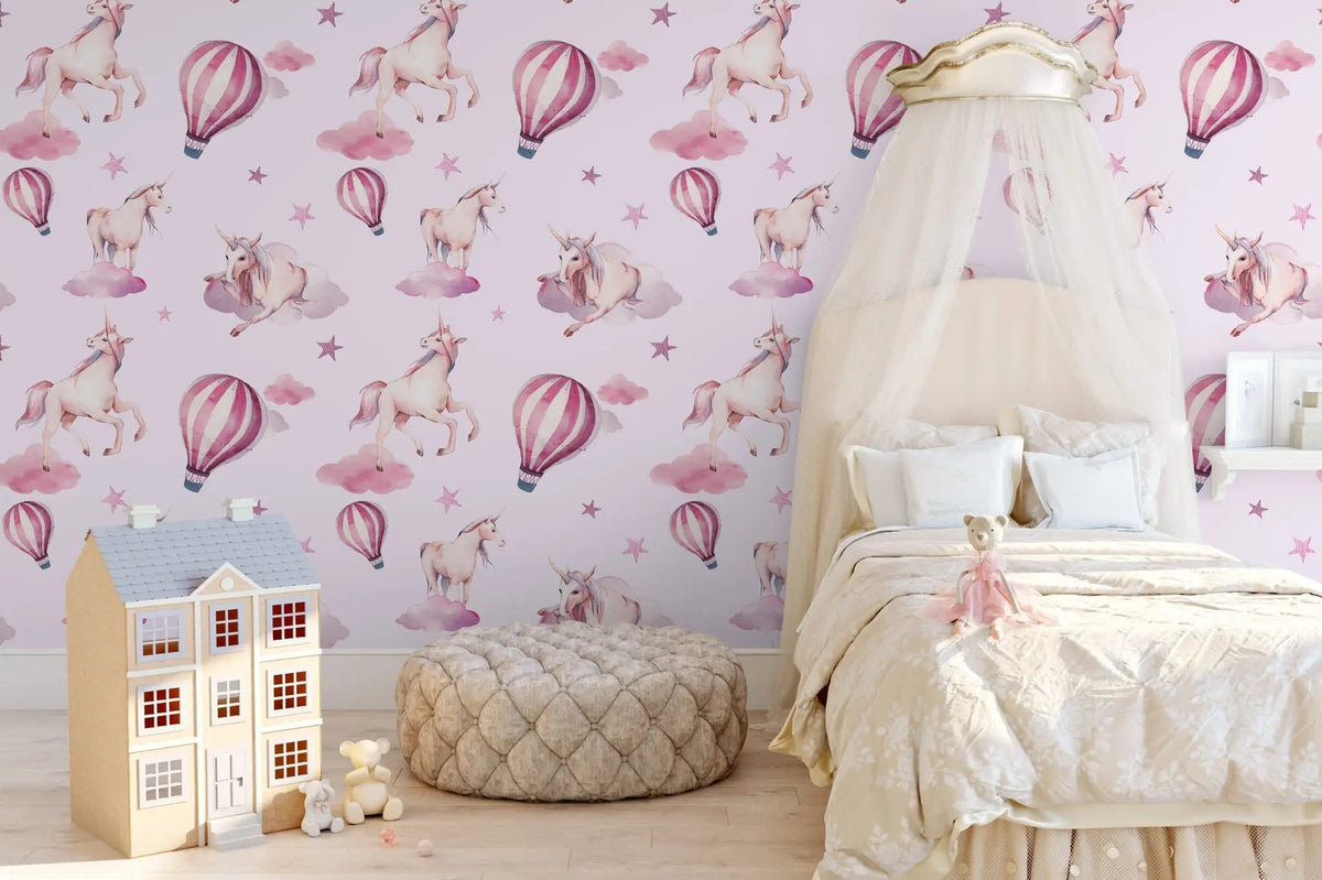 Tapet personalizat taramul printeselor pentru copii cu unicorni si baloane cu aer cald roz pink unicorn