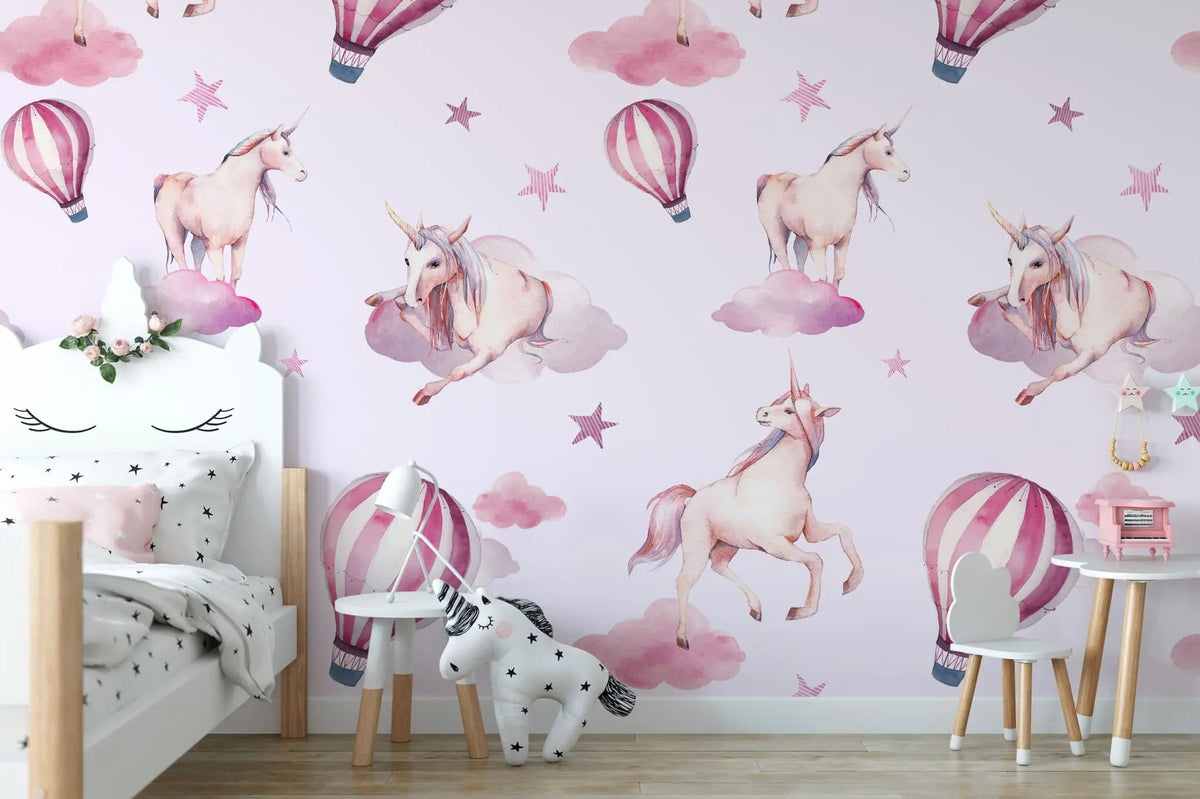 Tapet personalizat taramul printeselor pentru copii cu unicorni si baloane cu aer cald roz pink unicorn