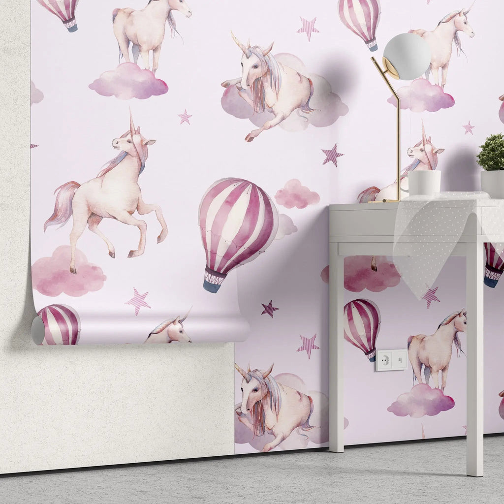 Tapet personalizat taramul printeselor pentru copii cu unicorni si baloane cu aer cald roz pink unicorn