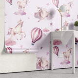 Tapet personalizat taramul printeselor pentru copii cu unicorni si baloane cu aer cald roz pink unicorn