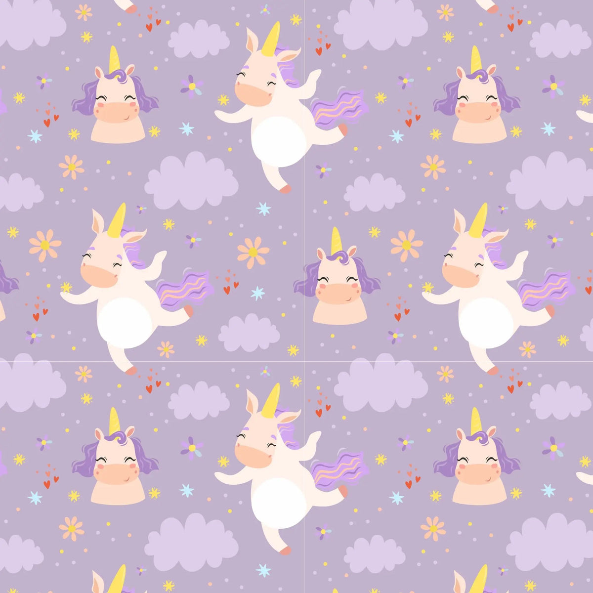 Tapet personalizat taramul printeselor pentru copii cu unicorni si nori pe un fundal violet purple unicorn