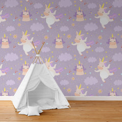Tapet personalizat taramul printeselor pentru copii cu unicorni si nori pe un fundal violet purple unicorn