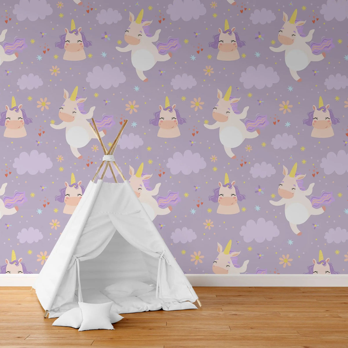 Tapet personalizat taramul printeselor pentru copii cu unicorni si nori pe un fundal violet purple unicorn