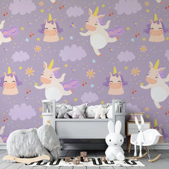 Tapet personalizat taramul printeselor pentru copii cu unicorni si nori pe un fundal violet purple unicorn