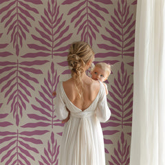 Tapet Personalizat Taramul Printeselor cu model de frunze in nuante de roz si mov - LILA LEAF PATTERN