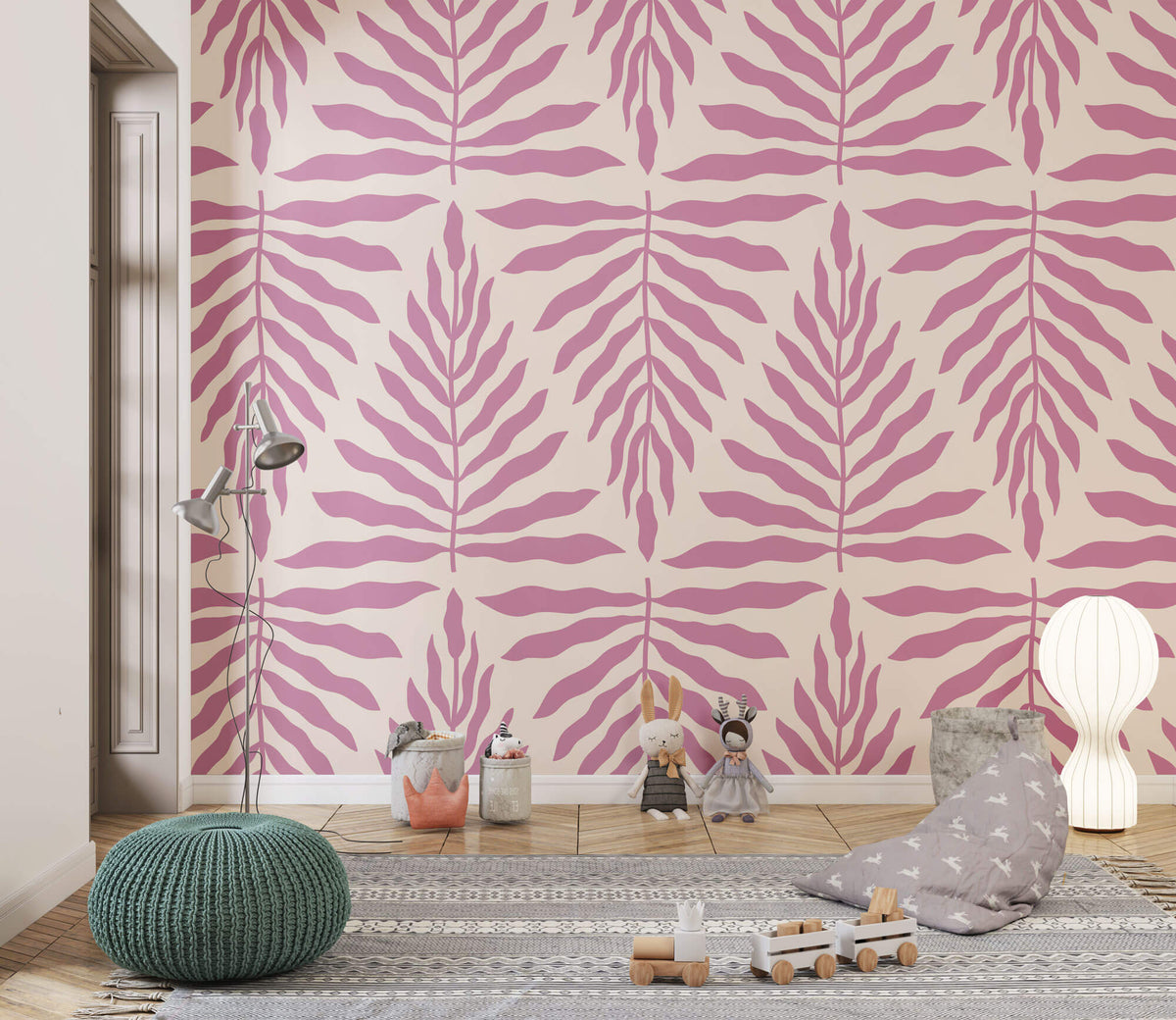 Tapet Personalizat Taramul Printeselor cu model de frunze in nuante de roz si mov - LILA LEAF PATTERN