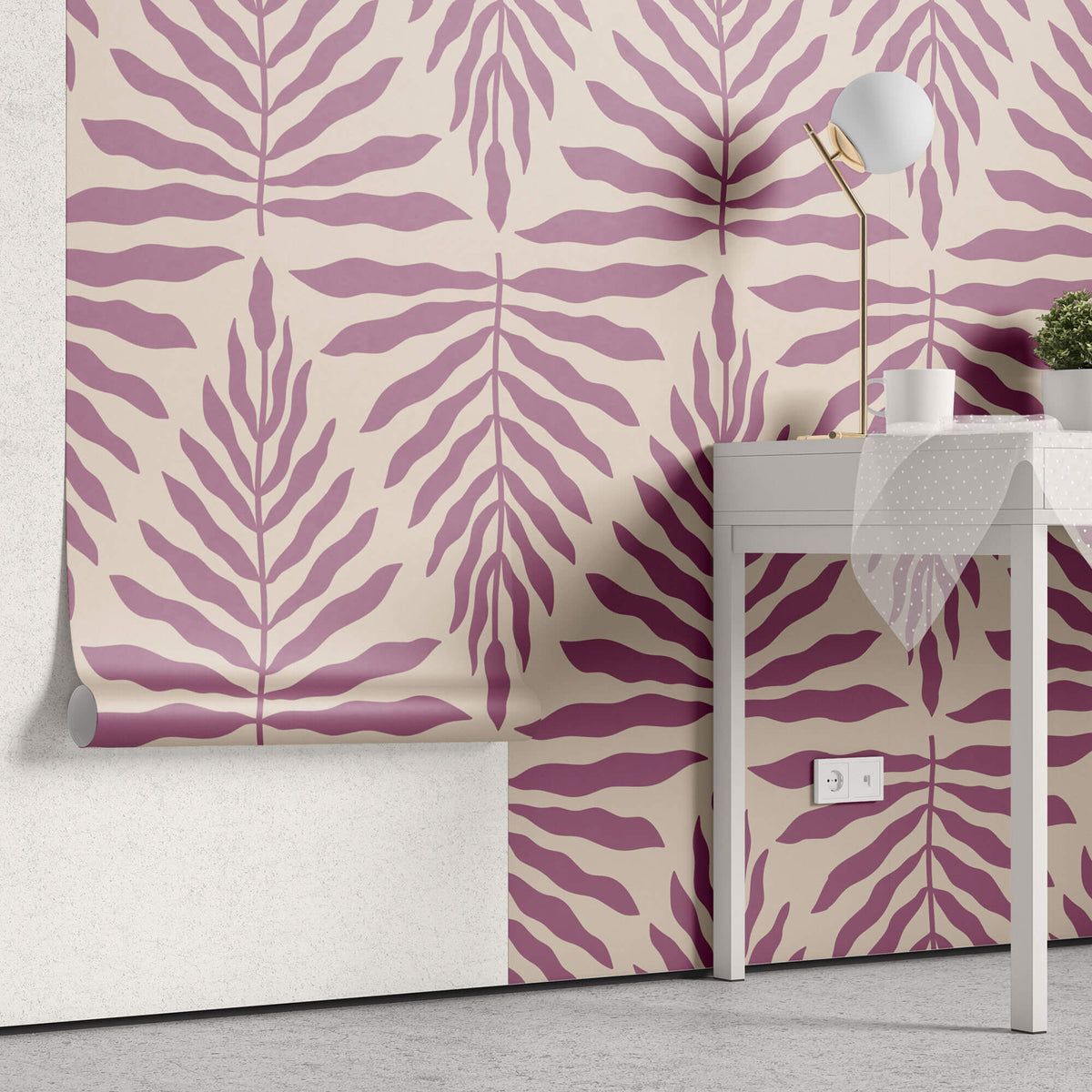 Tapet Personalizat Taramul Printeselor cu model de frunze in nuante de roz si mov - LILA LEAF PATTERN
