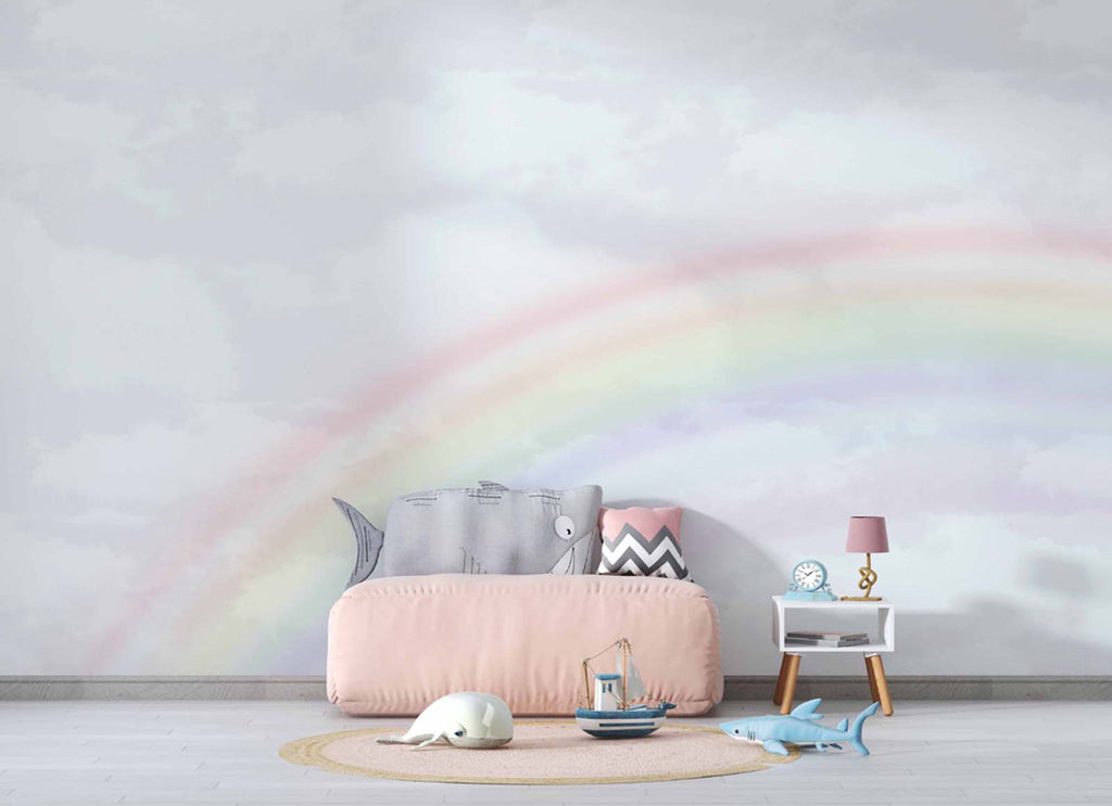Tapet Personalizat Taramul Printeselor pentru copii cu cer innorat si curcubeu estompat - CLOUDY RAINBOW
