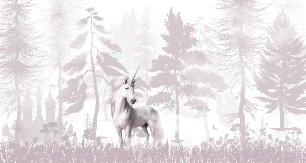 Tapet Personalizat Taramul Printeselor pentru copii cu uniccorn alb intr-o padure cu nuante mov pastel - FOREST UNICORN