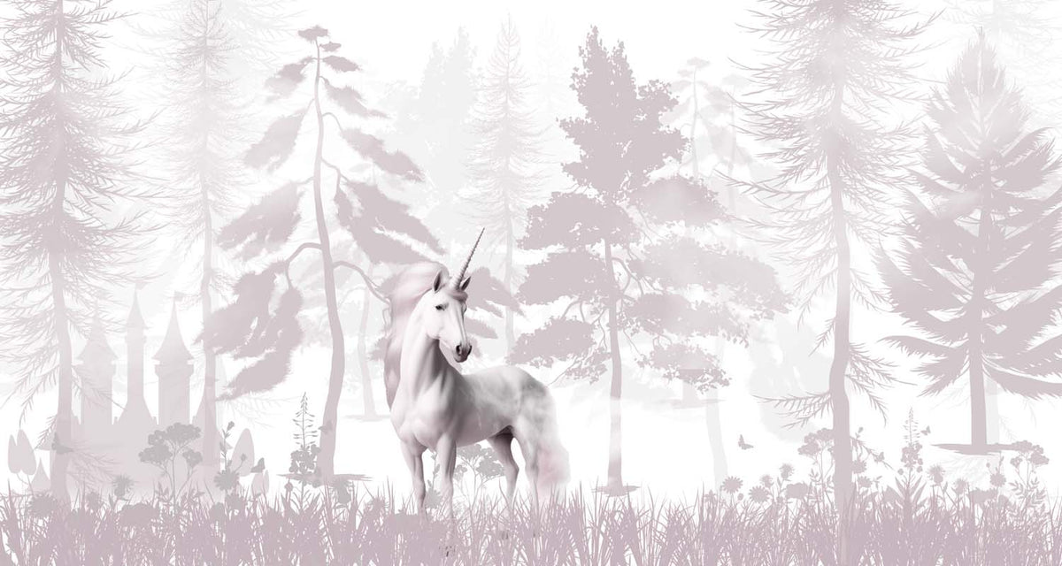 Tapet Personalizat Taramul Printeselor pentru copii cu uniccorn alb intr-o padure cu nuante mov pastel - FOREST UNICORN