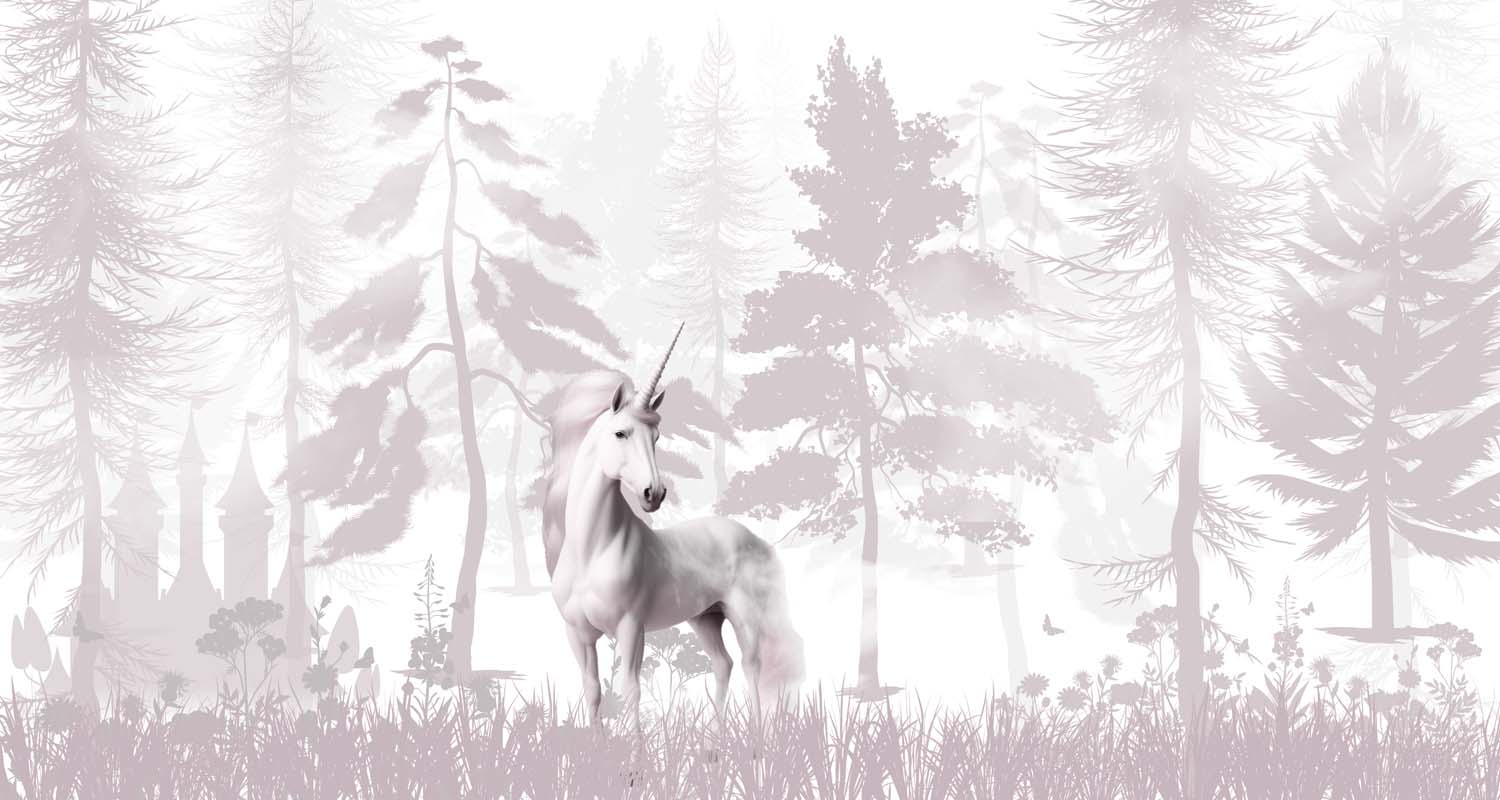 Tapet Personalizat Taramul Printeselor pentru copii cu uniccorn alb intr-o padure cu nuante mov pastel - FOREST UNICORN