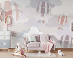 Tapet Personalizat Taramul Printeselor pentru copii cu baloane cu aer cald in nuante pastelate si cer innorat - PASTEL HOT AIR BALLOONS