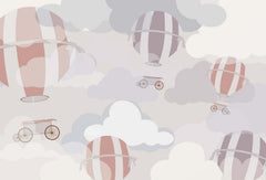 Tapet Personalizat Taramul Printeselor pentru copii cu baloane cu aer cald in nuante pastelate si cer innorat - PASTEL HOT AIR BALLOONS