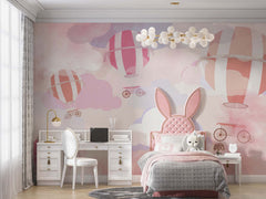 Tapet Personalizat Taramul Printeselor pentru copii cu baloane cu aer cald in nuante calde vibrante de roz - PINKY BALLOONS